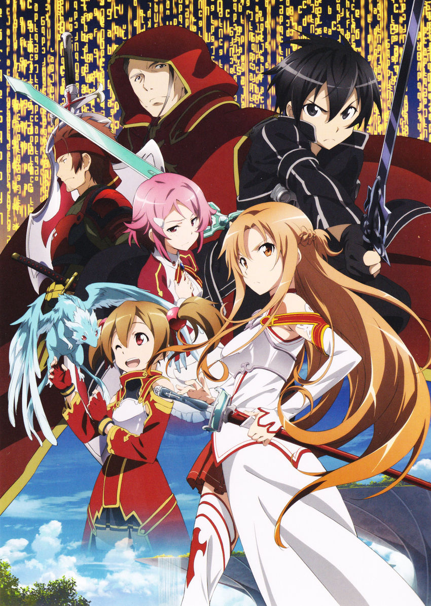 3boys 3girls ;d absurdres armor asuna_(sao) bare_shoulders black_hair blue_sky breastplate breasts brown_hair cloak cowboy_shot creature dark_repulser dragon dual_wielding elbow_gloves elucidator feathered_dragon fighting_stance flying gloves grey_hair half_updo heathcliff_(sao) highres holding holding_sword holding_weapon hood hooded_cloak karakurenai_(sao) kirito klein_(sao) lambent_light liberator_(sao) lisbeth_(sao) lolicon long_hair looking_at_viewer medium_breasts mini_dragon multiple_boys multiple_girls multiple_tails official_art one_eye_closed open_mouth pina_(sao) pink_hair rapier ready_to_draw red_eyes red_hair round_teeth serious sheath sheathed short_hair silica sky smile standing sword sword_art_online tail teeth two_tails very_long_hair weapon white_armor white_gloves