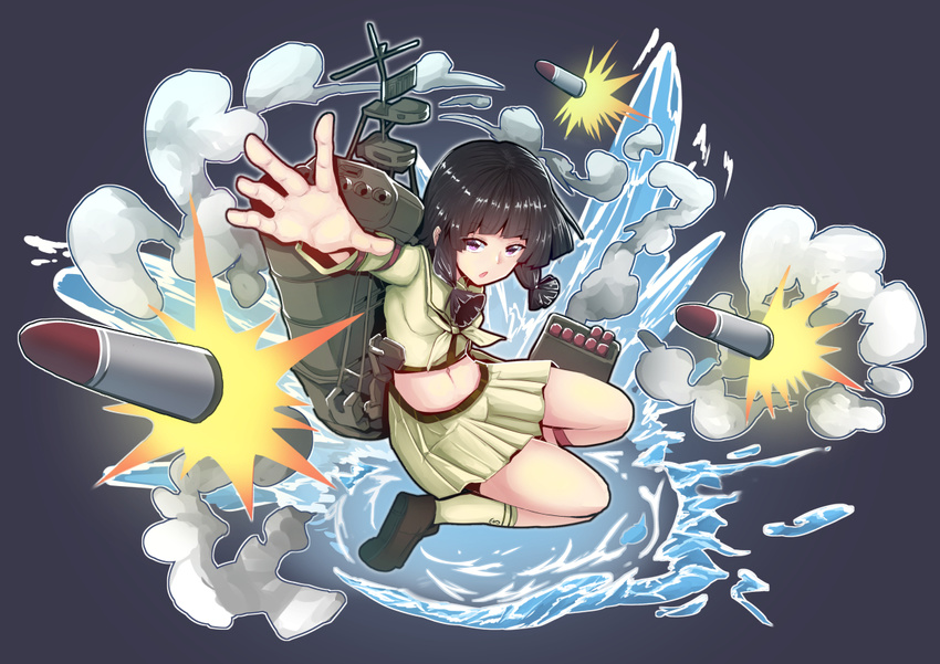 arkfield black_eyes black_hair blunt_bangs braid clip_studio_paint_(medium) commentary_request female foreshortening full_body hair_over_shoulder kantai_collection kitakami_(kancolle) long_hair long_sleeves midriff navel neckerchief parody puzzle_&_dragons school_uniform serafuku skirt skirt_set smoke smokestack solo splashing stomach torpedo triangle_mouth