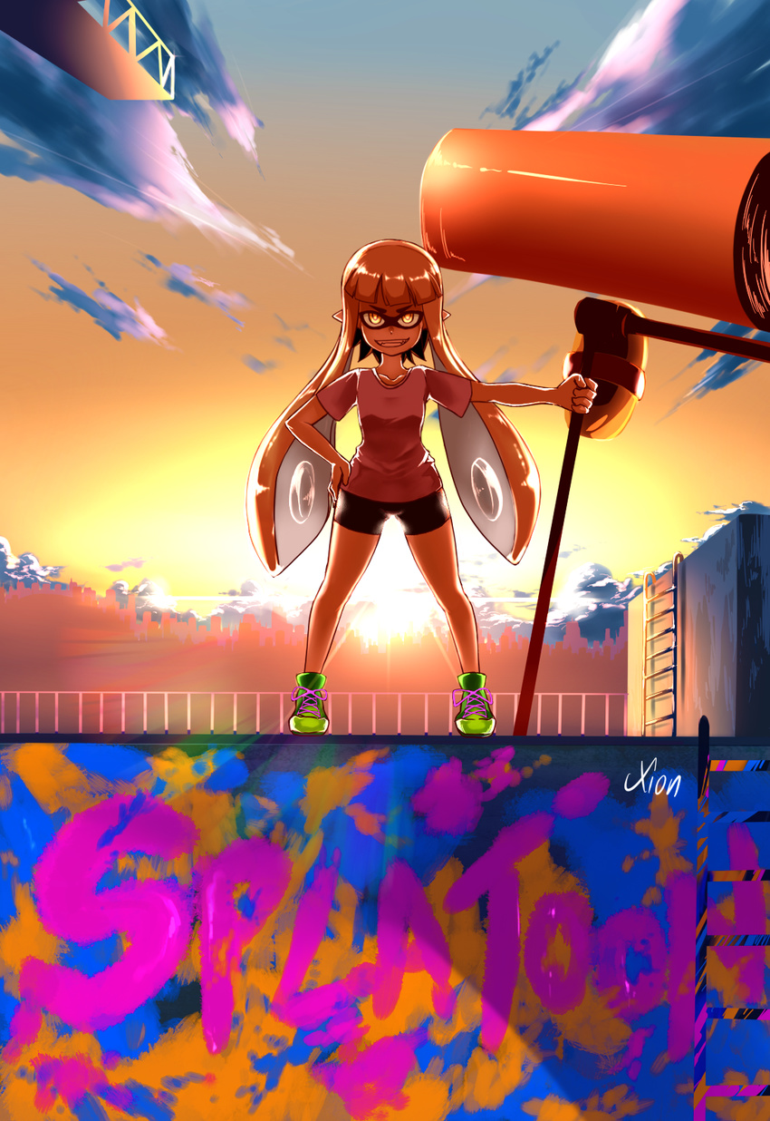 artist_name bad_id bad_pixiv_id bike_shorts cloud cloudy_sky commentary_request copyright_name fangs female hand_on_own_hip highres holding inkling inkling_girl inkling_player_character long_hair open_mouth orange_eyes orange_hair oversized_object paint_roller paint_splatter shirt shoes signature sky smile sneakers solo splat_roller_(splatoon) splatoon_(series) splatoon_1 standing sunlight sunrise t-shirt tentacle_hair xion_(pulilulu)