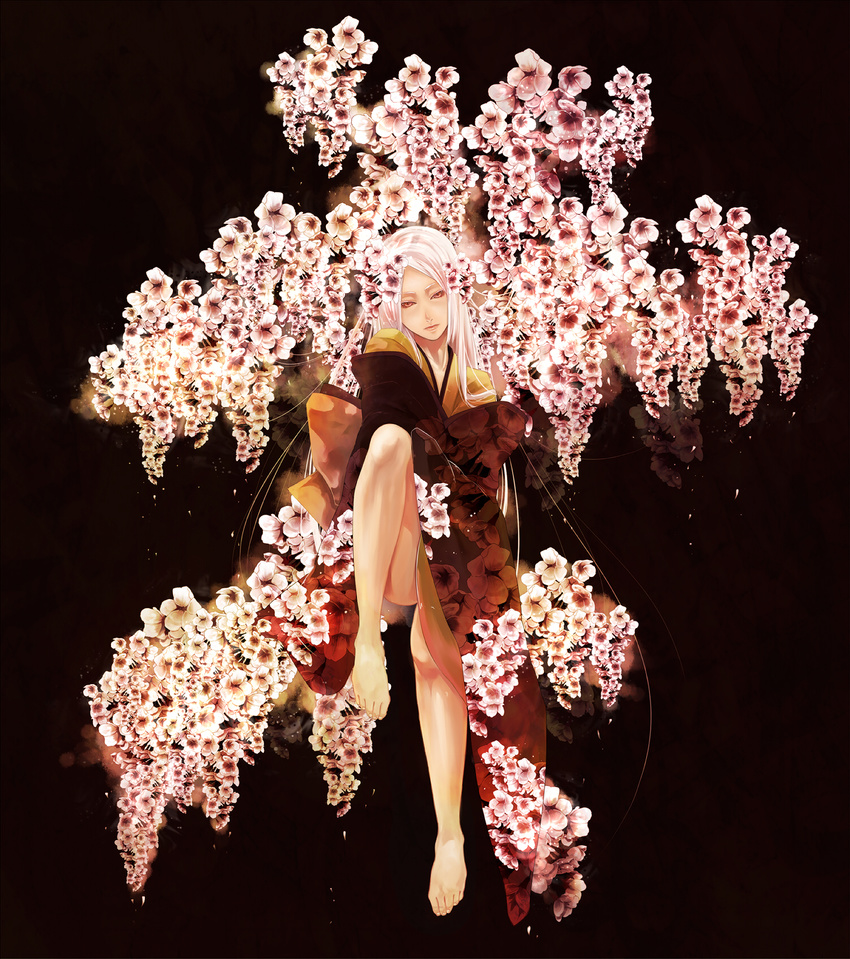 bad_id bad_pixiv_id barefoot cherry_blossoms female flower hair_flower hair_ornament highres japanese_clothes kimono legs lips long_hair original pink_hair pochiharu red_eyes solo