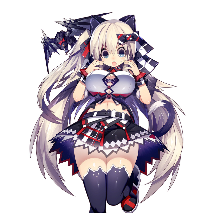 :3 :o animal_ear_legwear animal_ears animal_print ankle_boots argyle astaroth_(uchi_no_hime-sama) belt black_bow black_bra black_footwear black_skirt black_thighhighs blue_eyes blush boots bow bra bra_peek bracer breasts bursting_breasts button_gap buttons cat_ear_legwear cat_ears cat_print cat_tail cleavage cleavage_cutout clothing_cutout crop_top dragon fake_animal_ears female floating grey_hair hair_between_eyes hair_ribbon hairbow hands_up high_ponytail highres large_breasts leg_lift long_hair looking_at_viewer mamuru midriff miniskirt navel o_o official_art open_mouth plaid pleated_skirt ponytail print_thighhighs ribbon round_teeth shirt short_sleeves sidelocks skirt solo split_ponytail standing standing_on_one_leg surprised sweatdrop tail teeth thighhighs thighs transparent_background uchi_no_hime-sama_ga_ichiban_kawaii underwear very_long_hair wavy_hair wrist_cuffs zettai_ryouiki