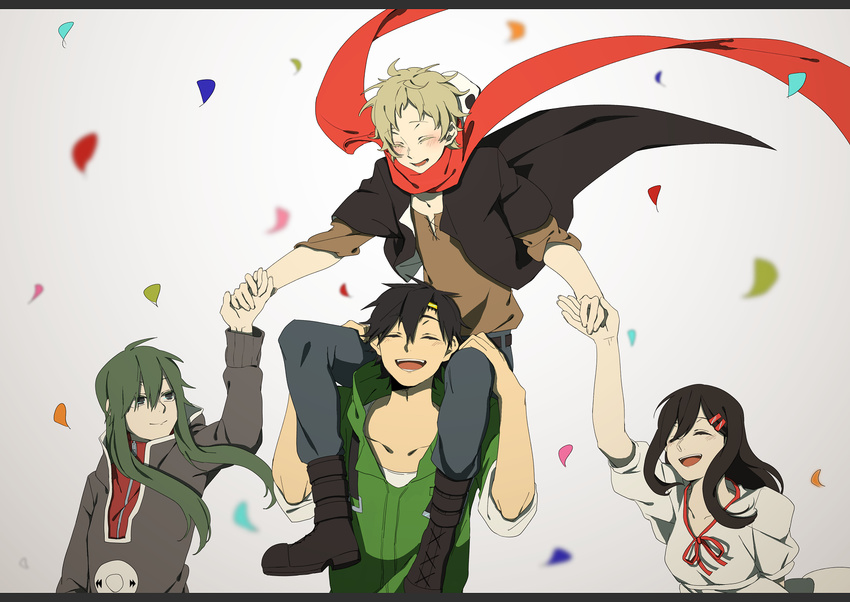 2boys 2girls black_hair brown_hair carrying closed_eyes commentary_request confetti green_hair hair_ornament hairclip highres holding_hands kagerou_project kano_shuuya kido_tsubomi long_hair multiple_boys multiple_girls nekome3 red_scarf scarf seto_kousuke short_hair shoulder_carry smile tateyama_ayano