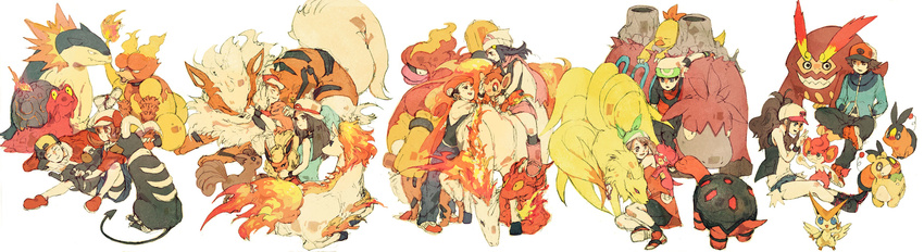 arcanine baokki black_(pokemon) blue_(pokemon) camerupt charmander chimchar combusken darmanitan dawn_(pokemon) diamond_(pokemon) flareon gold_(pokemon) haruka_(pokemon) highres hihidaruma houndoom houndour kotone_(pokemon) kouki_(pokemon) leaf_(pokemon) long_image magby magcargo magmar magmortar ninetales numel odamaki_sapphire pokabu pokemon pokemon_(game) pokemon_bw pokemon_hgss ponyta rapidash red_(pokemon) ruby_(pokemon) slugma tepig torkoal touko_(pokemon) touko_(pokemon) touya_(pokemon) typhlosion victini vulpix wide_image yuuki_(pokemon)