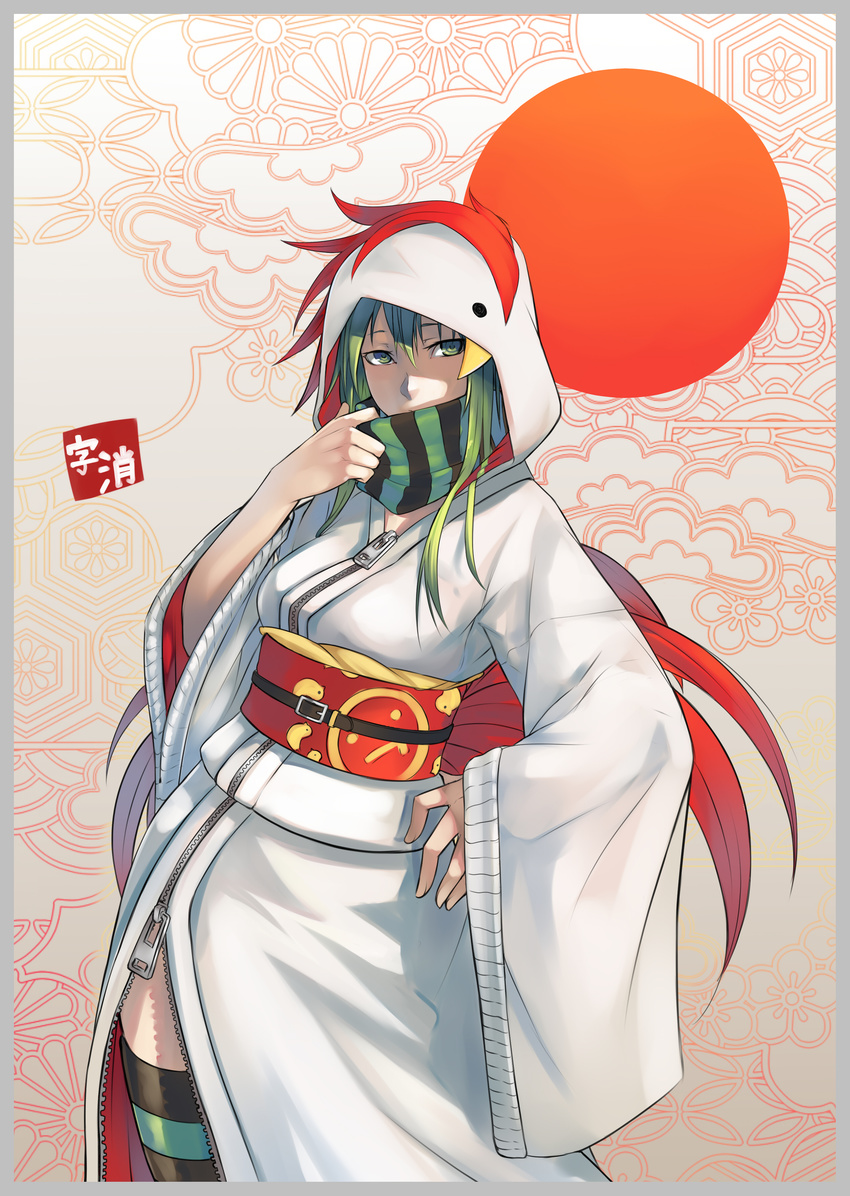 2017 absurdres bird breasts chicken chinese_zodiac commentary_request cowboy_shot female furisode green_eyes green_hair highres hood hoodie japanese_clothes jikeshi kimono large_breasts long_hair long_sleeves looking_at_viewer male_chicken nengajou new_year original solo wide_sleeves year_of_the_rooster