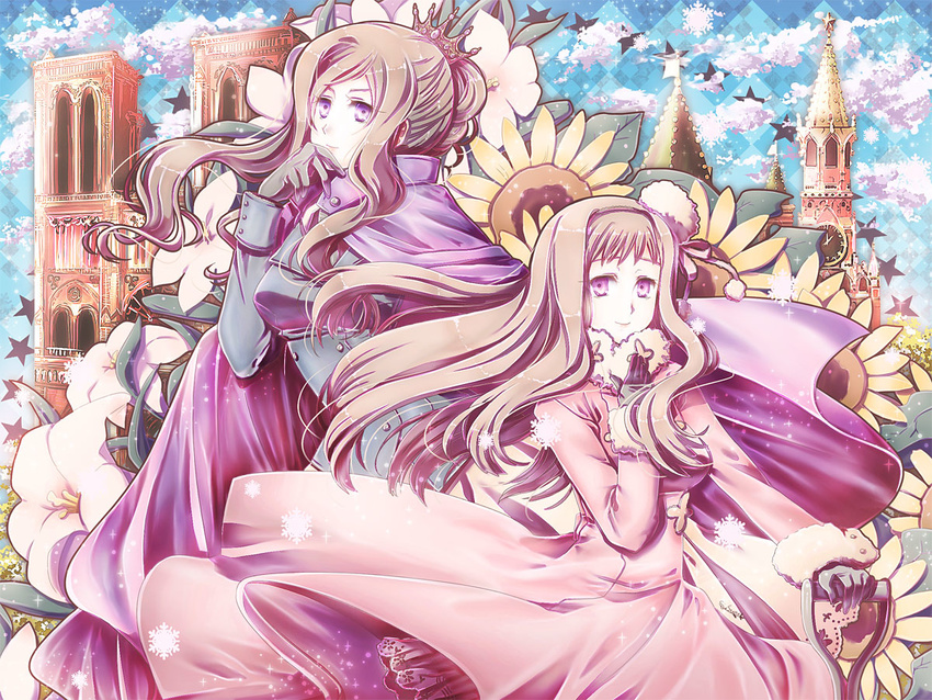 2girls axis_powers_hetalia blonde_hair brown_hair cape coat commentary_request crown flower france_(hetalia) genderswap_(mtf) gloves hat long_hair moscow_kremlin multiple_girls notre_dame_de_paris purple_eyes rule_63 russia_(hetalia) shovel snowflakes spasskaya_tower star_(symbol) sunflower suou_sakura