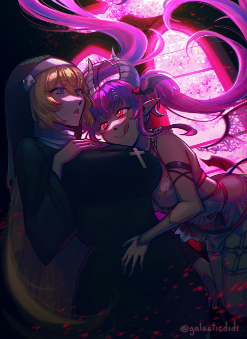 2girls backlighting blonde_hair breasts demon_girl demon_horns demon_tail demon_wings didi_(galacticdidi) english_commentary floating_hair glowing glowing_eyes habit hair_ornament hand_on_own_chest heart heart_hair_ornament highres hime_hajime horns hug ironmouse ironmouse_(demon_form) large_breasts licking_lips long_hair looking_at_another multiple_girls nun open_mouth pointy_ears red_eyes sidelocks tail tongue tongue_out twintails twitter_username very_long_hair virtual_youtuber vshojo wing_hair_ornament wings