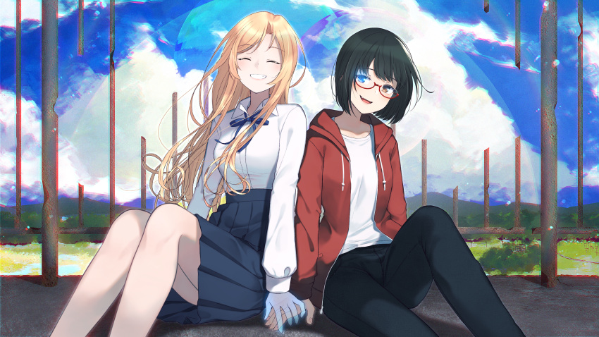 2girls ^_^ black_hair blonde_hair blue_eyes brown_eyes closed_eyes cloud glasses grin heterochromia highres holding_hands hood hoodie jacket kamikoshi_sorawo long_hair mountain multiple_girls nishina_toriko nishinomiya_suzu oerba_yun_fang outdoors pants pillar red_hoodie short_hair sitting skirt sky smile transparent_hand urasekai_picnic wind yuri