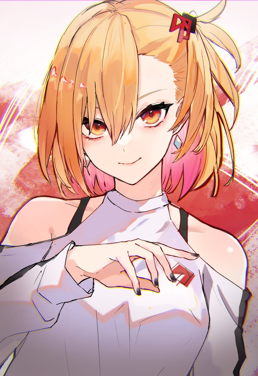 ashizawa_saki black_nails blonde_hair breasts brown_eyes clothing_cutout collarbone colored_inner_hair earrings eisuto female hair_ornament hairclip head_tilt highres jewelry looking_at_viewer medium_breasts multicolored_hair open_hand pink_hair portrait riot_music shirt shoulder_cutout smile solo tied_hair virtual_youtuber white_shirt