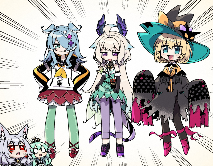 5girls :3 animal_ear_fluff animal_ears black_cat black_dress black_footwear black_gloves blonde_hair blue_hair bow chibi cosplay crown dragon_tail dress elbow_gloves elira_pendora enna_alouette feline finana_ryugu finana_ryugu_(1st_costume) fins flower fox_ears fox_girl fusion gloves green_hair green_legwear green_skirt grey_hair hair_flower hair_ornament hair_over_one_eye halterneck hands_on_own_hips hat hat_bow head_fins head_wings high-waist_skirt long_hair lucie_(millie_parfait) millie_parfait multiple_girls nijisanji nijisanji_en nina_kosaka oerba_yun_fang one_eye_covered open_mouth orange_bow pants pantyhose petra_gurin petra_gurin_(cosplay) pink_footwear pomu_rainpuff pomu_rainpuff_(cosplay) purple_flower purple_pants red_eyes red_flower red_rose red_skirt reimu_endou reimu_endou_(cosplay) rose rosemi_lovelock rosemi_lovelock_(cosplay) selen_tatsuki selen_tatsuki_(cosplay) shoes skin_fang skirt sleeves_past_fingers sleeves_past_wrists smile sneakers sumiya_nadateru tail two-tone_hoodie v-shaped_eyebrows very_long_hair virtual_youtuber white_flower wings witch_hat