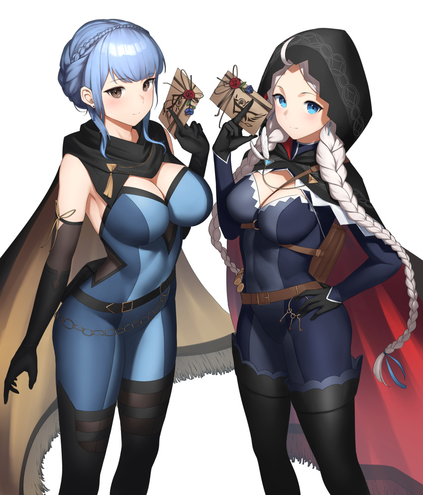 2girls absurdres ahoge alternate_costume black_cape black_footwear black_gloves blue_bodysuit blue_eyes blue_hair bodysuit boots braid breasts calling_card cape capelet cleavage commission commissioner_upload cosplay crystal_earrings dhokidoki earrings eye_mask fire_emblem fire_emblem:_three_houses fire_emblem_fates fire_emblem_heroes gloves grey_eyes harness highres hood hood_up hooded_cape jewelry kagero_(fire_emblem) kagero_(fire_emblem)_(cosplay) kagero_(thief)_(fire_emblem) large_breasts leather long_hair low_twin_braids marianne_von_edmund medium_breasts multiple_girls nina_(fire_emblem) nina_(thief)_(fire_emblem) non-web_source o-ring o-ring_harness official_alternate_costume parted_bangs red_capelet skin_tight thigh_boots transparent_background turtleneck twin_braids two-tone_bodysuit two-tone_cape white_hair yellow_cape