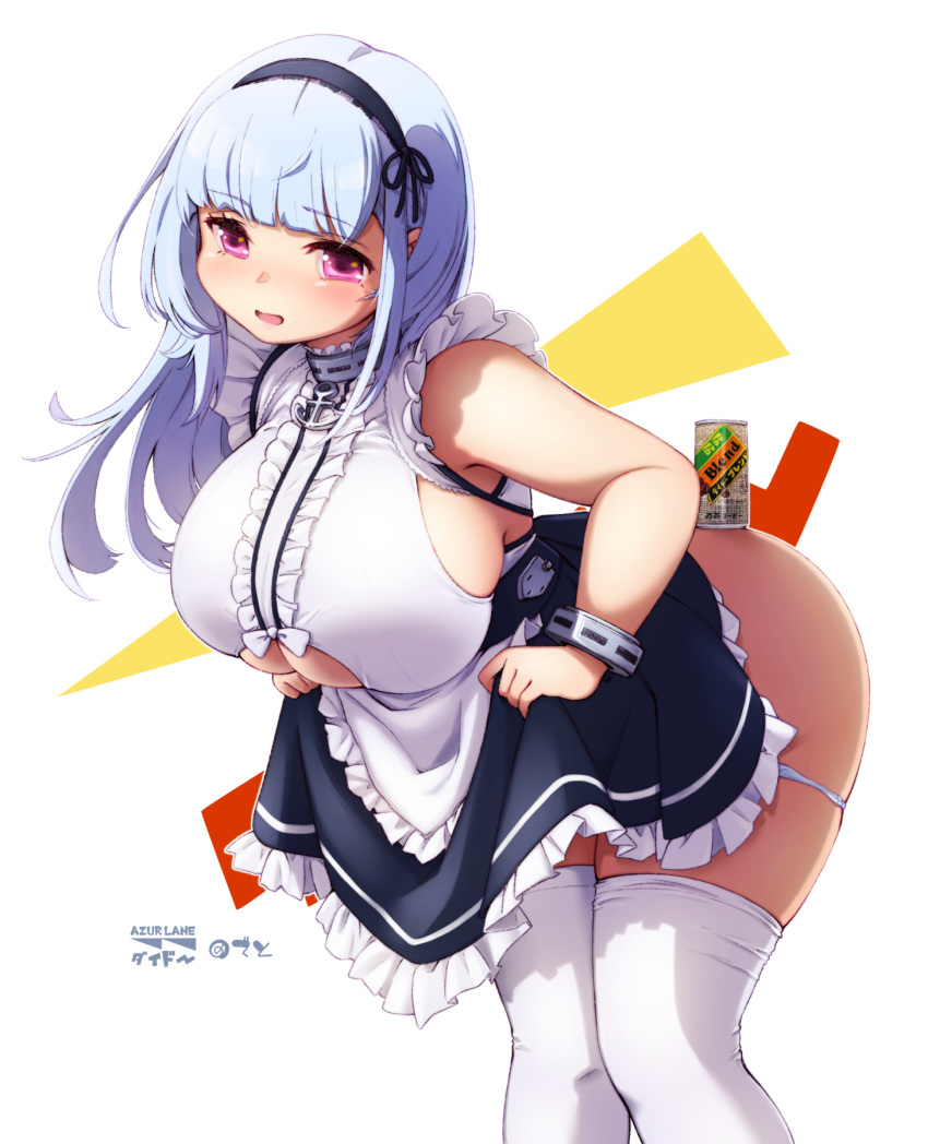 apron azur_lane black_hairband black_ribbon blue_hair blue_panties bow breasts can center_frills character_name clothes_lift clothing_cutout copyright_name curvy deto dido_(azur_lane) dress dress_lift female frilled_apron frilled_dress frills hairband highres huge_breasts light_blue_hair long_hair looking_at_viewer maid maid_apron object_on_ass open_mouth panties panty_pull pink_eyes ribbon skindentation solo thick_thighs thighhighs thighs twitter_username underboob underboob_cutout underwear white_apron white_background white_bow white_thighhighs