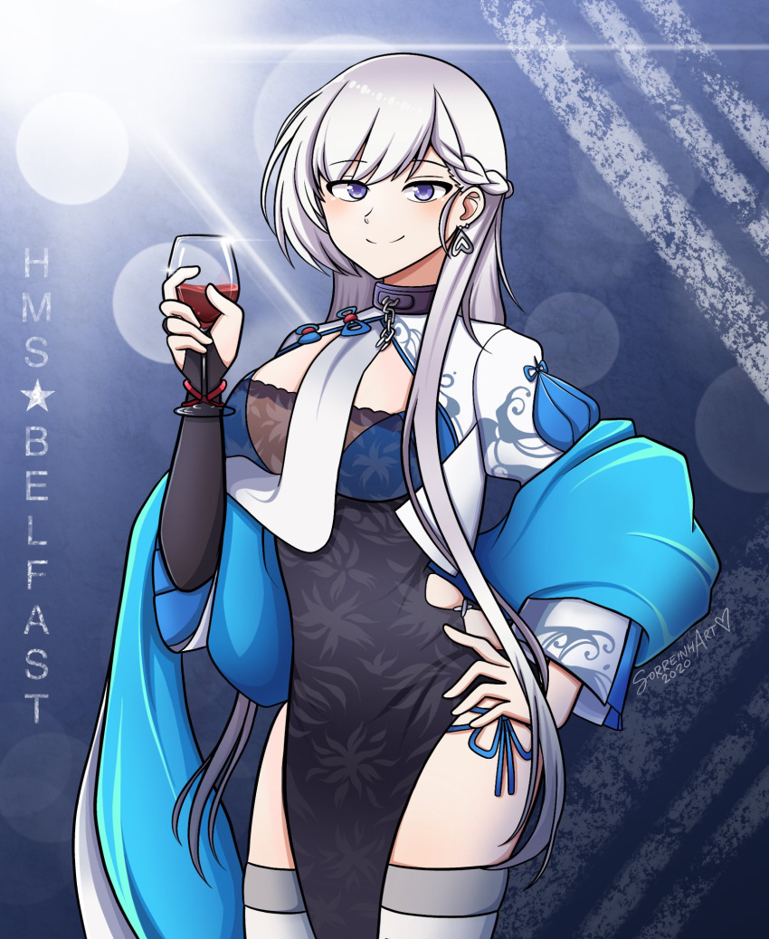 alcohol azur_lane bangs belfast_(azur_lane) belfast_(iridescent_rosa)_(azur_lane) braid chains character_name china_dress chinese_clothes collar commentary cup dress drinking_glass english_commentary eyebrows_visible_through_hair female grey_eyes hair_between_eyes hand_on_hip highres holding holding_cup long_hair long_sleeves looking_at_viewer side_slit sidelocks simple_background single_braid smile solo sorreinhart twitter_username watermark white_hair wine wine_glass