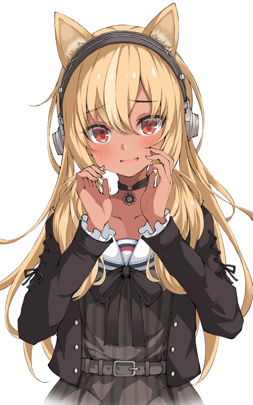 absent absurdres animal_ears black_choker blonde_hair blush bow bowtie brown_bow brown_bowtie brown_jacket choker commentary dark-skinned_female dark_skin dress female grey_dress hair_between_eyes hands_up headphones high_ponytail highres hololive implied_extra_ears jacket kemonomimi_mode long_hair long_sleeves multicolored_hair official_alternate_costume parted_lips red_eyes sailor_collar shiranui_flare shiranui_flare_(street) solo streaked_hair striped_clothes striped_dress vertical-striped_clothes vertical-striped_dress virtual_youtuber white_sailor_collar