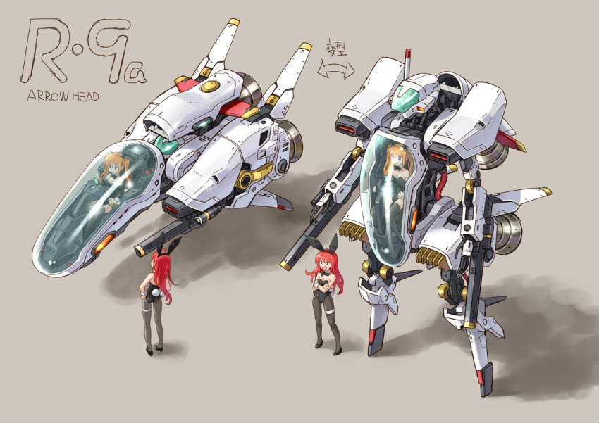 4girls :d animal_ears black_leotard commentary_request crossed_arms fake_animal_ears hands_on_own_hips katahira_masashi leotard long_hair mecha multiple_girls open_mouth orange_hair playboy_bunny r-9a_arrowhead r-type rabbit_ears red_hair robot smile spacecraft starfighter strapless strapless_leotard transformation twintails