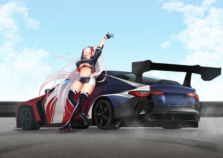 antenna_hair arms_up azur_lane belt black_footwear black_gloves black_jacket black_shirt black_skirt blue_sky blush bmw bmw_m4 boots breasts car clothing_cutout cloud commentary_request crop_top cropped_jacket cropped_shirt day female full_body gloves grey_hair groin hair_between_eyes half_gloves high_heel_boots high_heels highres jacket large_breasts long_hair looking_at_viewer midriff miniskirt miso_tanuki motor_vehicle multicolored_hair navel official_alternate_costume one_eye_closed open_clothes open_jacket outdoors panties parted_lips prinz_eugen_(azur_lane) prinz_eugen_(final_lap)_(azur_lane) race_queen red_hair red_panties road rudder_footwear shadow shirt short_sleeves sidelocks signature skindentation skirt sky sleeveless sleeveless_shirt smile solo sports_car standing stomach streaked_hair thigh_boots thighhighs two-tone_skirt two_side_up underboob underboob_cutout underwear vehicle_focus very_long_hair white_belt white_skirt yellow_eyes zettai_ryouiki