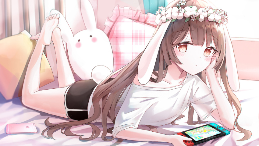 :o animal_crossing animal_ears bad_id bad_pixiv_id bare_shoulders barefoot bed_sheet black_shorts blush brown_eyes brown_hair cellphone collarbone commentary day female flower flower_wreath frilled_pillow frills full_body game_console head_wreath highres holding indoors iren_lovel legs_up long_hair looking_at_viewer lying md5_mismatch nintendo_switch off_shoulder on_stomach original parted_lips phone pillow plaid rabbit_ears rabbit_girl rabbit_tail resolution_mismatch revision shirt short_shorts short_sleeves shorts soles solo source_smaller stuffed_animal stuffed_rabbit stuffed_toy sunlight symbol-only_commentary tail the_pose very_long_hair video_game white_flower white_shirt window