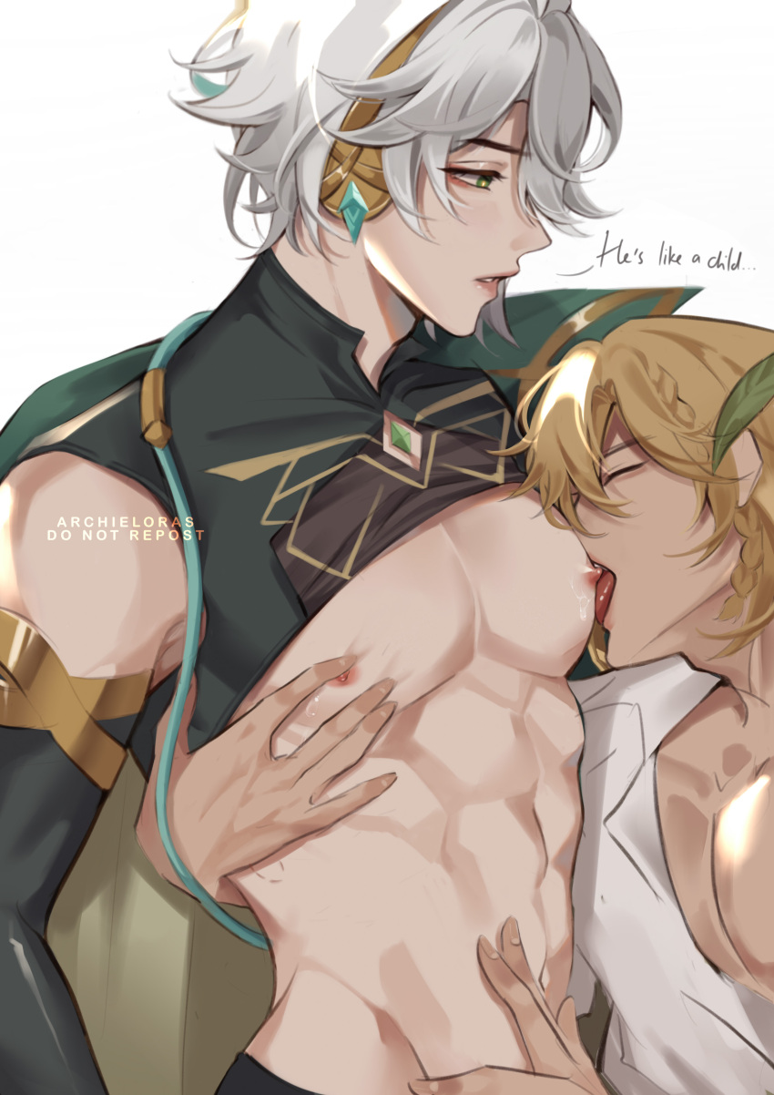 2boys abs absurdres alhaitham_(genshin_impact) archieloras bandaid bandaids_on_nipples blonde_hair closed_eyes genshin_impact green_eyes grey_hair hair_over_one_eye hand_on_another's_chest hand_on_another's_stomach highres jewelry kaveh_(genshin_impact) licking licking_nipple male_focus multiple_boys muscular muscular_male nipple_stimulation nipples pasties short_hair shoulder_cape tongue tongue_out yaoi