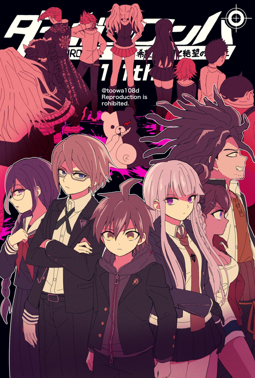 108_(toowa) 6+boys 6+girls ahoge asahina_aoi black_background blue_eyes braid brown_hair celestia_ludenberg cross_tie danganronpa:_trigger_happy_havoc danganronpa_(series) dark-skinned_female dark_skin drill_hair enoshima_junko everyone facial_hair fat fat_man frilled_skirt frills from_behind fujisaki_chihiro fukawa_toko grin hagakure_yasuhiro hand_in_own_hair highres hood hood_down hoodie ishimaru_kiyotaka jacket kirigiri_kyoko kuwata_leon layered_skirt long_hair looking_at_viewer maizono_sayaka miniskirt monokuma multiple_boys multiple_girls naegi_makoto necktie ogami_sakura open_clothes open_jacket owada_mondo pompadour red_skirt school_uniform semi-rimless_eyewear shirt short_hair side_braid skirt smile stubble togami_byakuya twin_drills yamada_hifumi