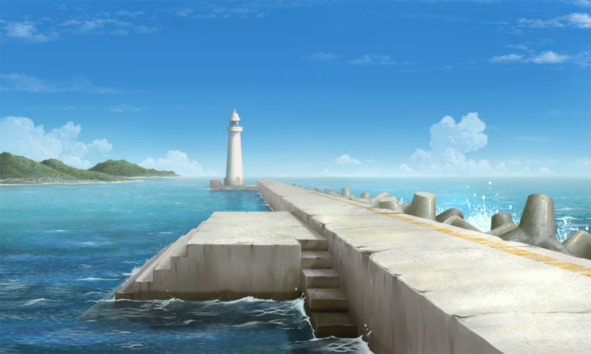 blue_sky budda_(pixiv2124) cloud commentary_request day harbor lighthouse mountain no_humans ocean original outdoors scenery shore sky stairs tetrapod water