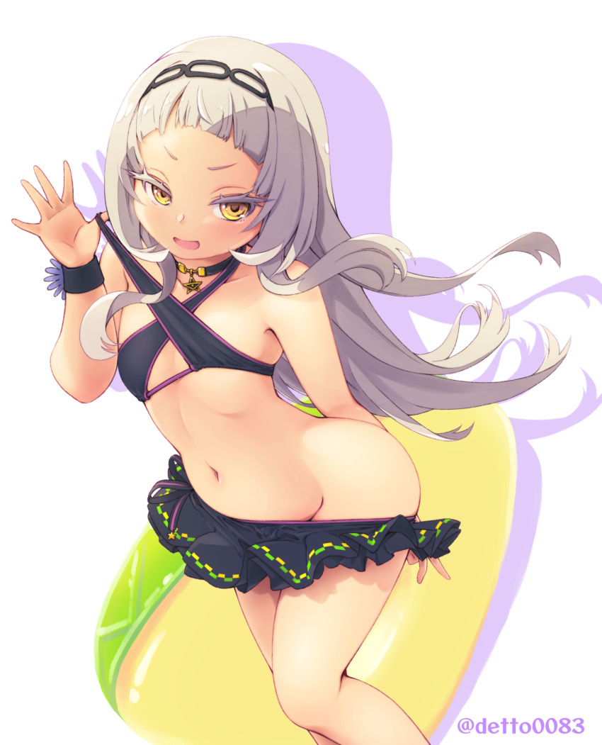 :d arched_bangs bare_arms bare_shoulders bikini bikini_pull black_bikini black_choker black_hairband choker clothes_pull colored_eyelashes commentary criss-cross_halter deto eyelashes female flat_chest grey_hair hairband halterneck highres hololive long_hair looking_at_viewer murasaki_shion murasaki_shion_(hololive_summer_2019) navel official_alternate_costume open_mouth pulling_own_clothes silhouette smile solo star_(symbol) star_choker stomach swimsuit twitter_username v-shaped_eyebrows very_long_hair virtual_youtuber wristband yellow_eyes