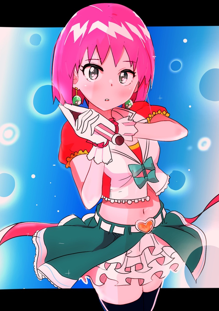 beauty_(bobobo-bo_bo-bobo) belt blue_eyes blush bobobo-bo_bo-bobo crop_top earrings female gloves hakyarameru highres jewelry looking_at_viewer microphone midriff navel pink_hair protected_link short_hair short_sleeves skirt solo standing thighhighs