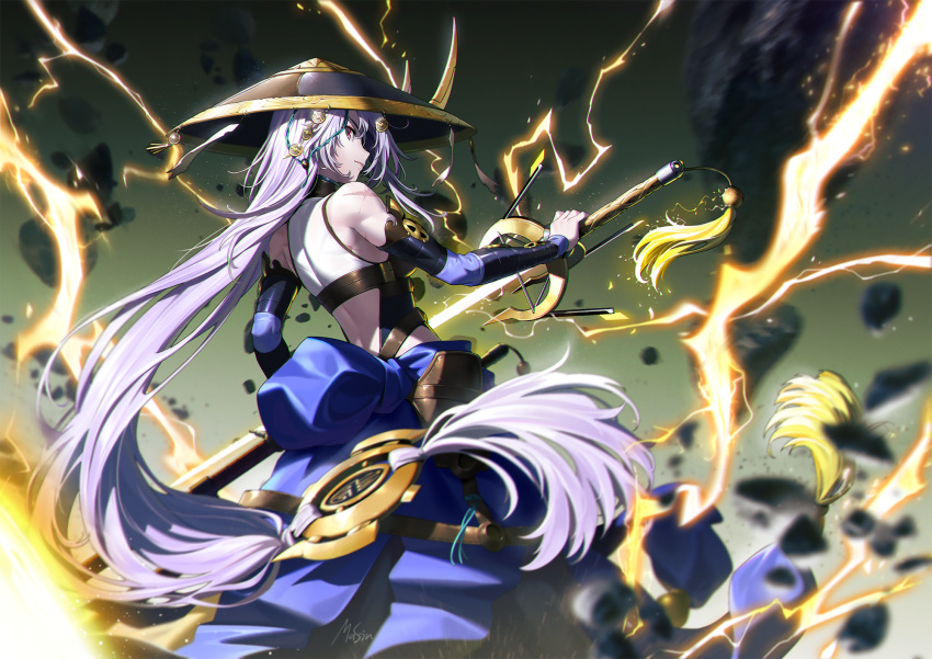 armor back_cutout bare_shoulders breasts clothing_cutout cross_scar debris detached_sleeves duel_monster electricity fake_horns feet_out_of_frame female fleurdelis_(yu-gi-oh!) hat highres holding holding_sword holding_weapon horned_headwear horns japanese_armor jingasa light_purple_hair long_hair looking_back masin0201 purple_eyes scar scar_on_arm sheath signature solo sword the_iris_swordsoul very_long_hair weapon yu-gi-oh!