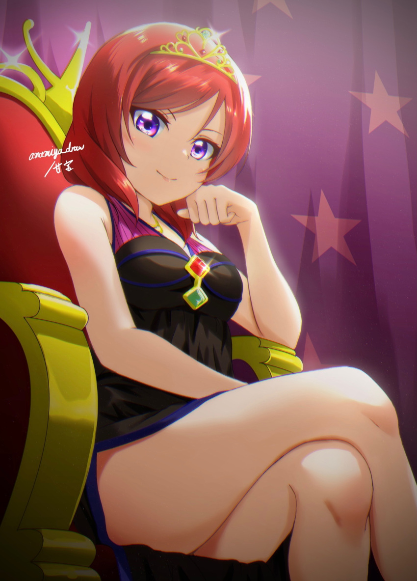 amamiya_(re-amamiya) bare_arms bare_shoulders black_dress breasts brooch closed_mouth crossed_legs curtains dress elbow_rest female from_below gem glint gold highres jewelry legs looking_at_viewer love_live! love_live!_school_idol_project medium_hair nishikino_maki official_alternate_costume purple_eyes red_hair side_slit signature sitting sleeveless sleeveless_dress smile soldier_game solo star_(symbol) star_print thighs throne tiara