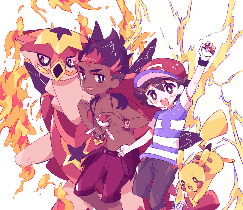 2boys :d arm_up bad_id bad_pixiv_id baseball_cap bracelet bright_pupils brown_eyes brown_hair catsubun_(kkst0904) commentary dark-skinned_male dark_skin fire hat highres holding holding_poke_ball jewelry kiawe_(pokemon) male_focus multiple_boys necklace open_mouth pants pikachu poke_ball pokemon pokemon_(anime) pokemon_(creature) pokemon_sm_(anime) red_headwear satoshi_(pokemon) shirt short_hair short_sleeves smile striped_clothes striped_shirt t-shirt teeth tongue topless_male turtonator upper_teeth_only white_pupils z-ring