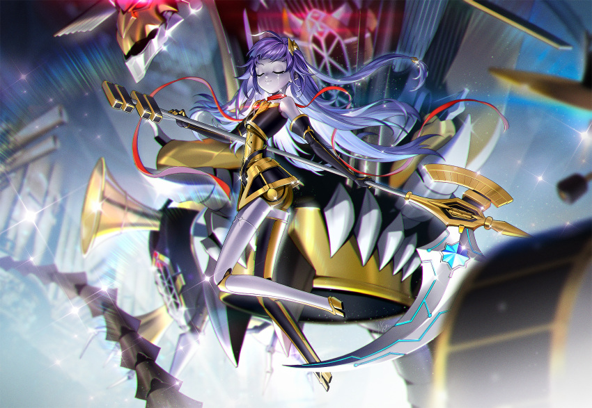 android black_gloves claws closed_eyes colored_skin dragon duel_monster elbow_gloves female floating floating_hair galatea_the_orcust_automaton gloves glowing glowing_eyes grey_skin hair_ornament highres holding holding_scythe holding_weapon ib_(yu-gi-oh!) joints long_hair masin0201 neck_ribbon orcust_harp_horror purple_hair red_eyes ribbon robot robot_joints scythe single_thighhigh skirt sparkle thighhighs weapon yu-gi-oh!