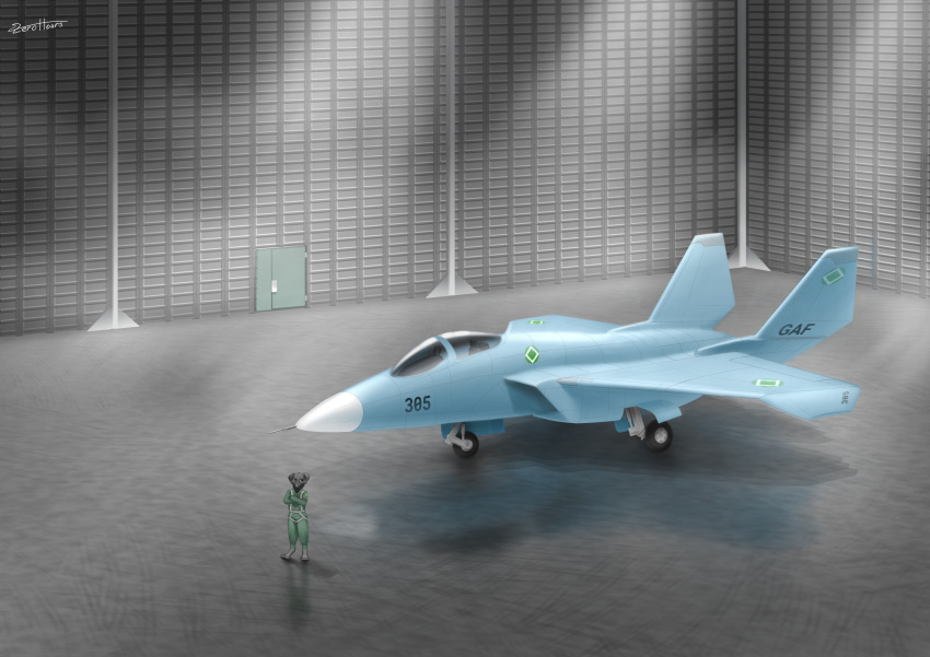 absurd_res aircraft airplane anthro bird_dog black_body black_fur canid canine canis domestic_dog fur hands_crossed hangar hi_res hunting_dog labrador looking_back male mammal pilot_uniform pink_nose retriever solo standing vehicle zerohours