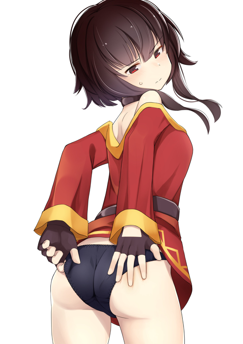 ass bandaged_leg bandages black_gloves black_hair black_panties black_thighhighs dress female fingerless_gloves gloves highres kono_subarashii_sekai_ni_shukufuku_wo! long_sleeves megumin open_mouth panties red_dress red_eyes short_hair single_thighhigh solo thighhighs underwear yotubawatane