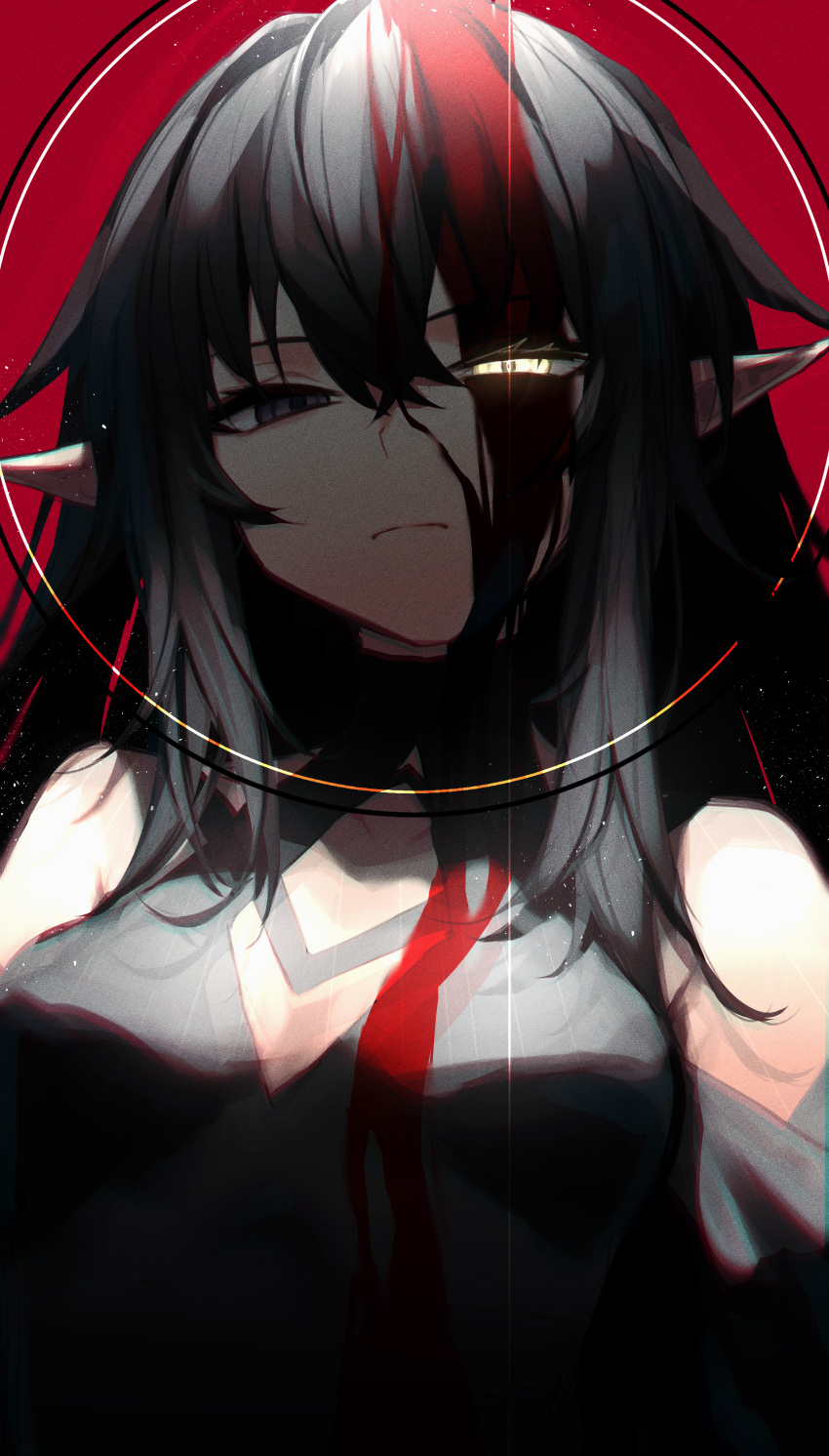 absurdres bare_shoulders black_hair blood blood_in_hair blood_on_clothes blood_on_dress blood_on_face breasts dress female glowing glowing_eye hair_between_eyes highres large_breasts long_hair original ozeu0916 pointy_ears purple_eyes sleeveless solo upper_body