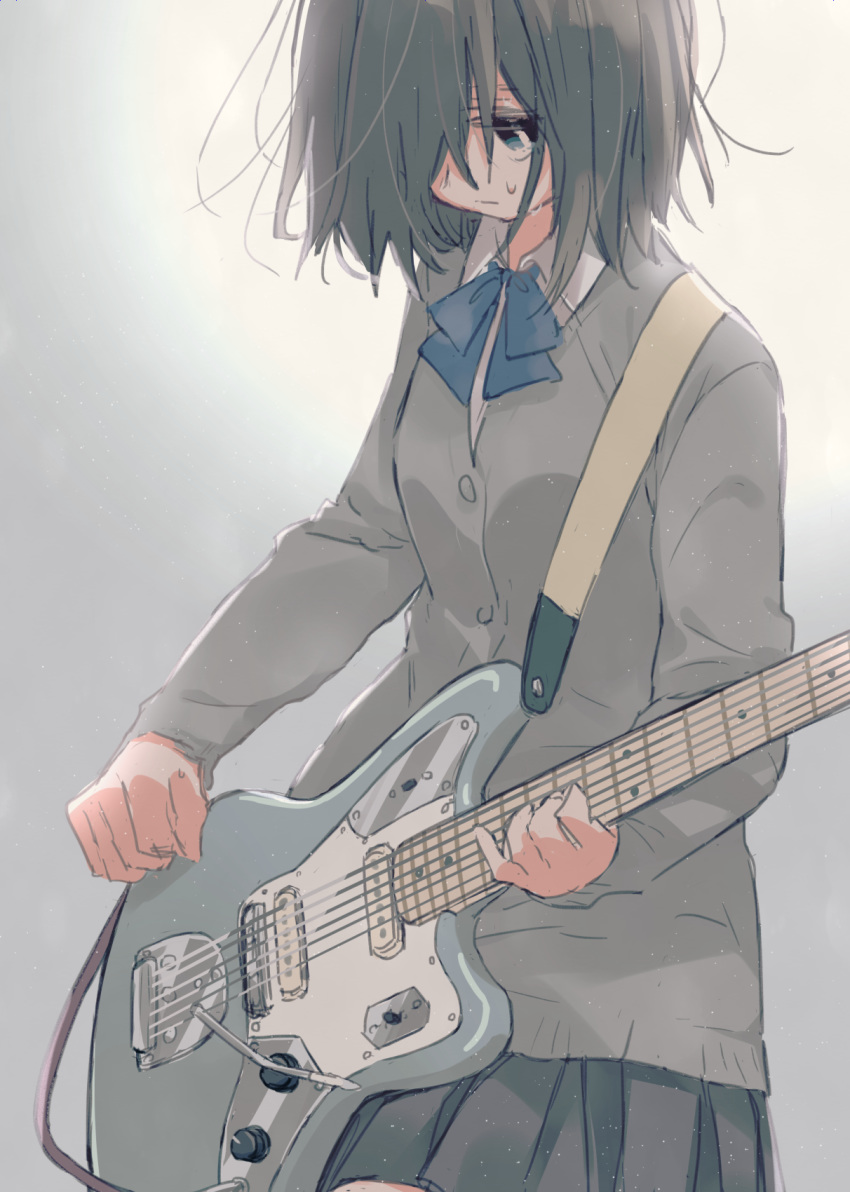 black_bow black_bowtie black_skirt blue_bow bob_cut bow bowtie cardigan commentary cowboy_shot dress_shirt electric_guitar female fender_jaguar gradient_background green_eyes grey_background grey_cardigan guitar hair_over_one_eye highres holding holding_instrument instrument looking_down loose_hair_strand matsuda_hikari messy_hair music original playing_instrument pleated_skirt school_uniform shirt short_hair skirt solo strap sweat white_shirt