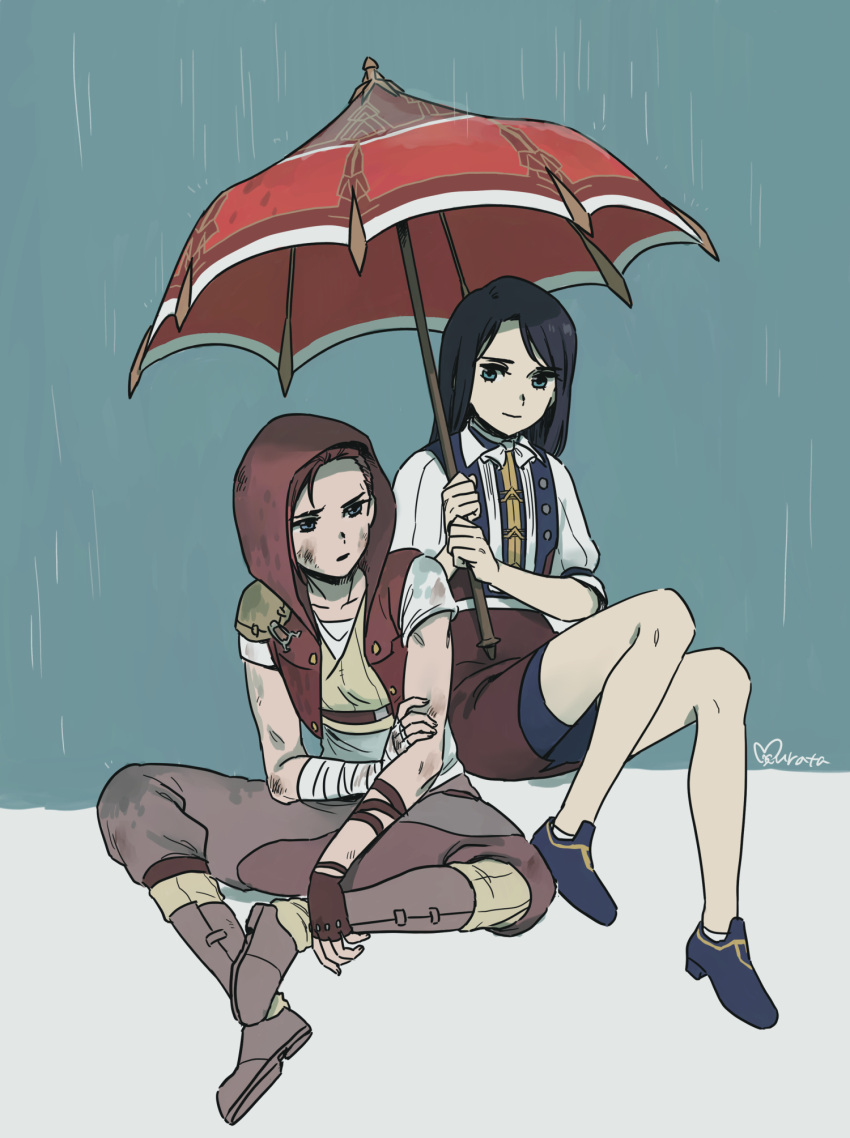 2girls aged_down arcane:_league_of_legends black_hair bruise bruise_on_face caitlyn_(league_of_legends) dirty fingerless_gloves gloves highres hood hood_up injury league_of_legends multiple_girls murata_(igaratara) rain red_hair shorts shorts_under_skirt single_glove sitting skirt smile umbrella vi_(league_of_legends) wrist_wrap