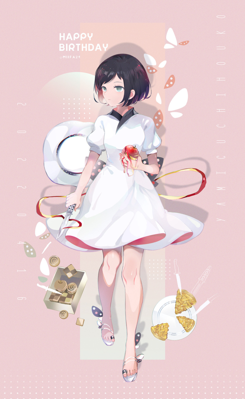 apple apple_pie balisong bare_legs birthday black_hair black_ribbon bob_cut checkerboard_cookie cookie dessert dress female food fruit full_body hat highres holding holding_food holding_fruit holding_knife knife mifa24 multicolored_hair pie pie_slice plate polka_dot puffy_short_sleeves puffy_sleeves red_apple red_hair ribbon short_sleeves solo standing unworn_hat unworn_headwear white_dress white_footwear white_hat yamiguchi_houko zaregoto_series