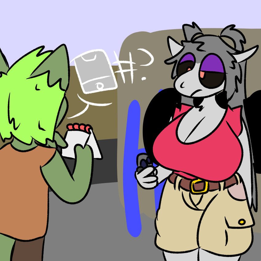 1:1 absurd_res anonymous_character anthro belt big_breasts bottomwear bovid breasts brown_bottomwear brown_clothing brown_pants canid canine canis caprine clothing detailed_background deveddoris dialogue domestic_dog electronics female fur goat green_body green_fur green_hair grey_hair hair hi_res holding_object holding_phone huge_breasts khaki_shorts male mammal notebook octavia_(osimonos) orange_clothing orange_shirt orange_topwear pants phone pink_clothing pink_shirt pink_topwear ponytail question_mark shirt thick_thighs topwear white_body white_fur