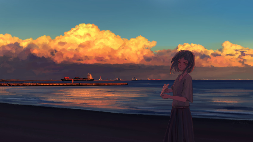 blue_skirt blue_sky cloud commentary_request container_ship crane_(machine) female green_shirt harbor highres holding holding_paper_airplane long_skirt looking_at_viewer ocean original outdoors paper_airplane scenery ship shipping_container shirt shore short_hair short_sleeves skirt sky smile solo standing water watercraft yuhack