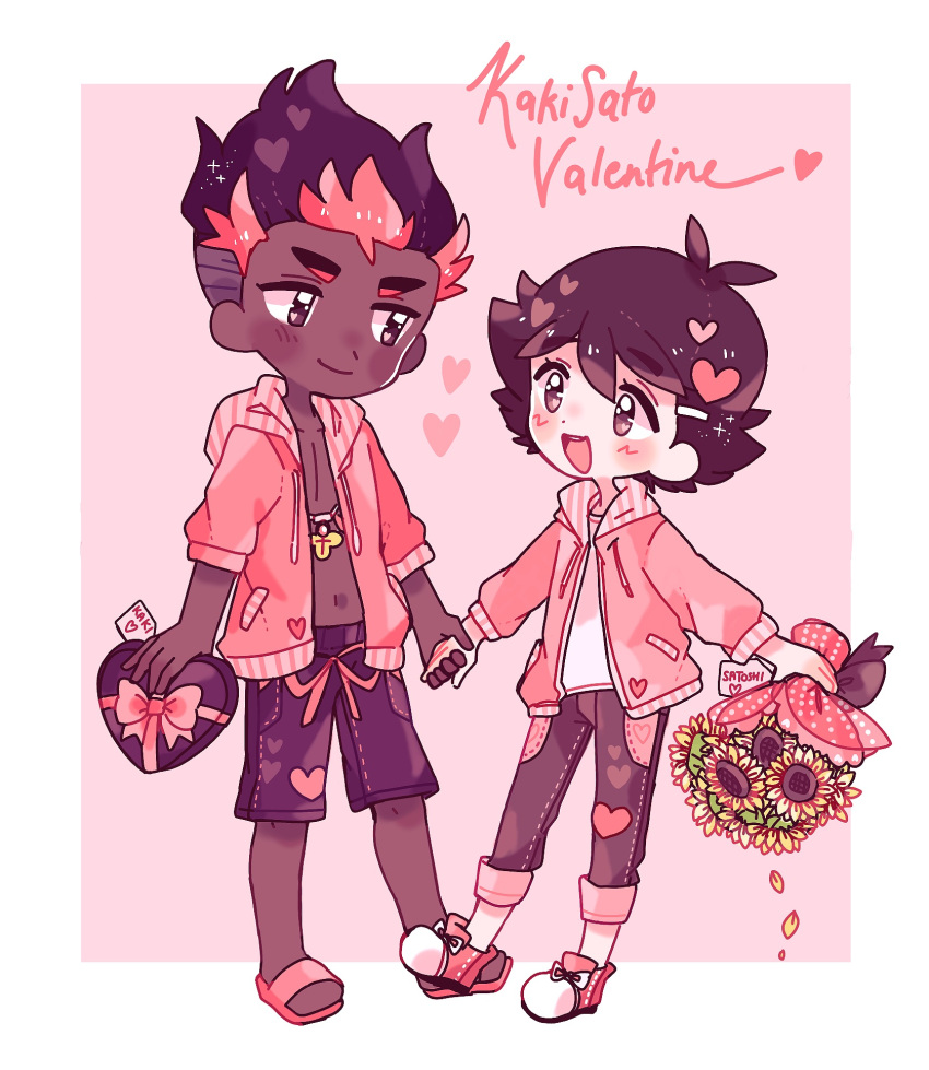 2boys :d alternate_costume bad_id bad_pixiv_id blush bouquet catsubun_(kkst0904) closed_mouth commentary dark-skinned_male dark_skin heart highres holding_hands interracial jacket kiawe_(pokemon) long_sleeves male_focus multiple_boys open_clothes open_jacket open_mouth pants pink_jacket pokemon pokemon_(anime) pokemon_sm_(anime) sandals satoshi_(pokemon) shirt shoes smile standing teeth tongue upper_teeth_only valentine white_shirt yaoi