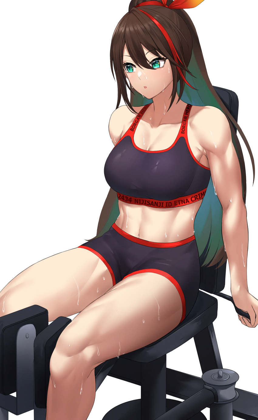 absurdres aqua_eyes black_sports_bra breasts brown_hair character_name commentary copyright_name dobure18 etna_crimson female hair_between_eyes highres large_breasts long_hair midriff multicolored_hair muscular muscular_female navel nijisanji nijisanji_id ponytail red_hair shorts simple_background sitting solo sports_bra streaked_hair sweat two-tone_hair virtual_youtuber white_background