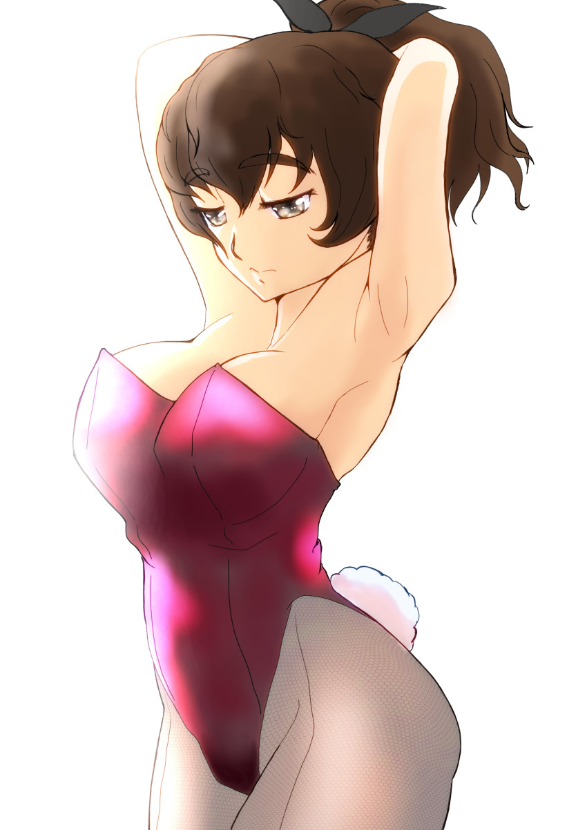 absurdres adjusting_hair armpits arms_behind_head arms_up bare_shoulders black_pantyhose black_ribbon breasts brown_eyes brown_hair closed_mouth cowboy_shot fake_tail female girls_und_panzer hair_ribbon half-closed_eyes highleg highleg_leotard highres koyama_yuzu large_breasts leotard light_frown oekaki_ojiisan one-hour_drawing_challenge pantyhose playboy_bunny purple_leotard rabbit_tail ribbon short_hair short_ponytail simple_background solo standing strapless strapless_leotard tail white_background