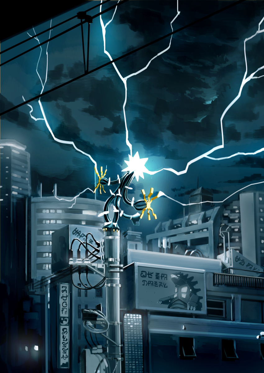 absurdres billboard city claws cloud commentary electricity glowing highres king_joe_(neoroto) mecha mecha_tyranitar night no_humans outdoors pokemon pokemon_(creature) pokestar_studios power_lines robot sky solo standing tyranitar utility_pole xurkitree