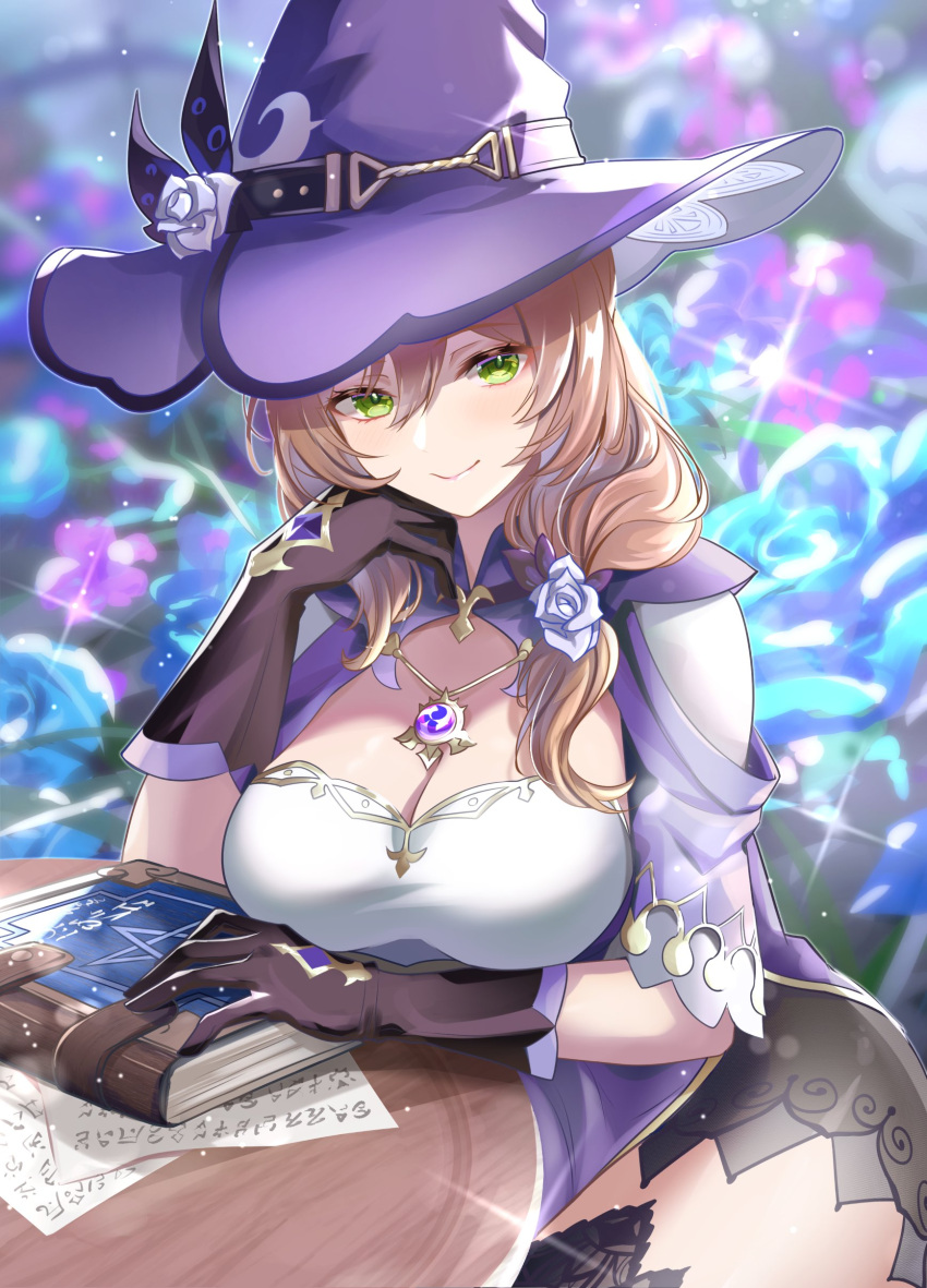 \||/ absurdres arm_support blue_flower book breasts brown_hair cleavage cleavage_cutout clothing_cutout dress female flower genshin_impact gloves green_eyes grey_flower hair_flower hair_ornament hand_on_own_chin hat hat_flower highres jewelry large_breasts lisa_(genshin_impact) long_sleeves looking_at_viewer mon-chan necklace purple_flower rose sitting smile solo thighhighs witch_hat