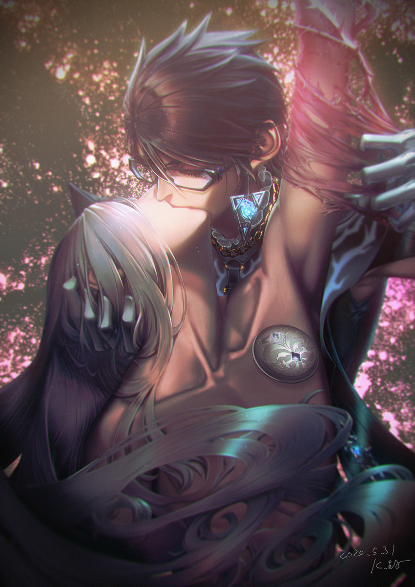 2girls arm_up bad_id bad_pixiv_id bayonetta bayonetta_(series) bayonetta_2 black_hair clothed_female_nude_female collarbone dated earrings glasses gloves grey_hair hand_on_another's_head highres jeanne_(bayonetta) jewelry kara_namako kissing multiple_girls nude photoshop_(medium) upper_body white_gloves yuri