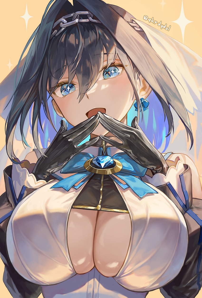 +_+ black_gloves black_hair blue_eyes blue_gemstone blue_hair blue_ribbon bow bow_earrings breasts chain_headband chains cleavage_cutout clothing_cutout covered_nipples cross-shaped_pupils detached_sleeves earrings excited female gem gloves hair_intakes headband heart-shaped_gem highres hololive hololive_english jewelry large_breasts looking_at_viewer open_mouth ouro_kronii ribbon ribbon_earrings sailor_collar santafe99 shiny_skin shirt short_hair skindentation sleeveless sleeveless_shirt smile solo sparkle sparkling_eyes star-shaped_pupils star_(symbol) symbol-shaped_pupils underboob underboob_cutout veil virtual_youtuber white_shirt zipper