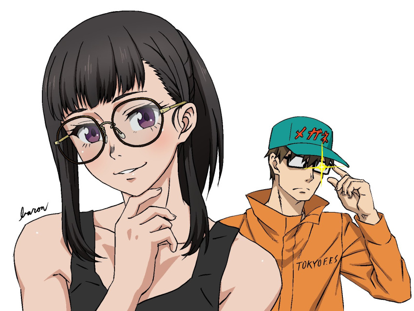 1boy artist_name bare_shoulders baron_(varon666) baseball_cap bespectacled black-framed_eyewear black_hair brown_hair clothes_writing en'en_no_shouboutai female glasses green_headwear hair_behind_ear hand_on_own_chin hand_up hat highres jacket light_blush looking_at_viewer maki_oze opaque_glasses orange_jacket parted_lips purple_eyes rectangular_eyewear round_eyewear simple_background smile sparkle takehisa_hinawa tank_top translated upper_body white_background