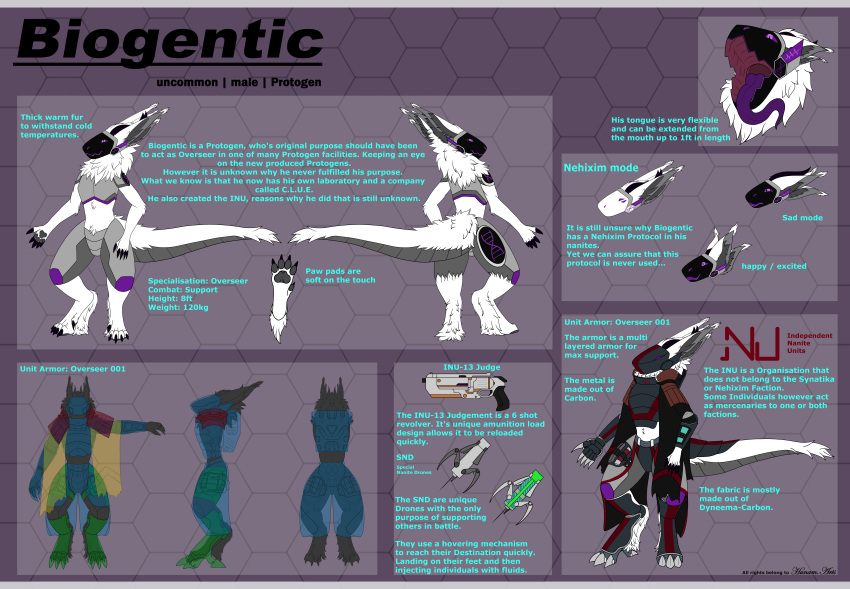 absurd_res anthro armor biogentic_(protogen) breastplate claws clothing coat concept_art crotchplate cybernetic_leg cybernetic_limb cybernetics drone ear_tuft ears_back ears_up english_text front_view fur gun handgun headshot_portrait hi_res horn hunamarts inner_ear_fluff machine male mammal model_sheet mouth_shot multi_ear neck_tuft open_mouth pawpads paws pivoted_ears portrait protogen protogen_visor purple_eyes ranged_weapon rear_view revolver solo text thick_thighs tongue tongue_out topwear tuft visor weapon white_body white_fur