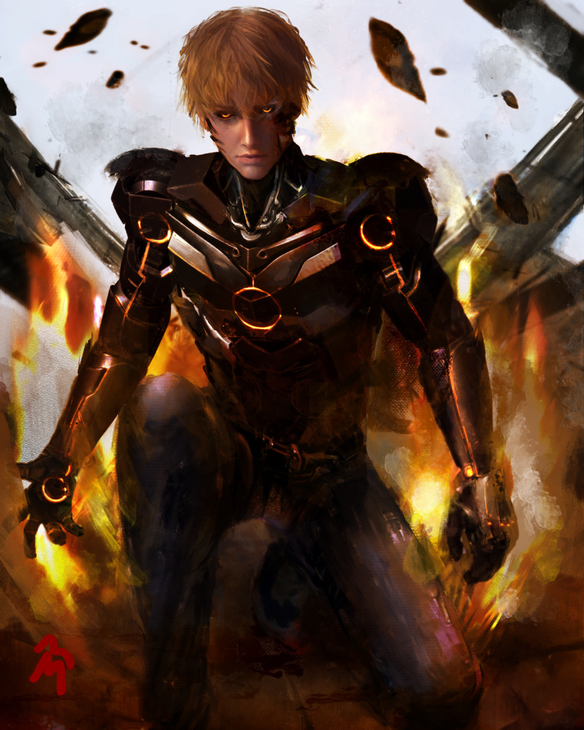 1boy absurdres armor blonde_hair boots closed_mouth clothing_request commentary destruction facepaint fire genos gloves glowing glowing_eyes highres looking_at_viewer male_focus marthchrom on_one_knee one-punch_man open_hand orange_eyes power_armor power_suit rock shoes short_hair signature solo