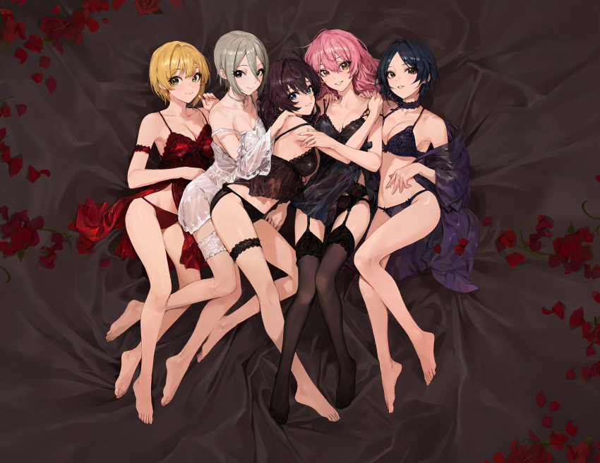 black_eyes blonde_hair blue_eyes blush gray_hair green_eyes hayami_kanade hug ichinose_shiki idolmaster idolmaster_cinderella_girls jougasaki_mika long_hair miyamoto_frederica mossi open_shirt panties pink_hair purple_eyes purple_hair shiomi_shuuko short_hair stockings underwear