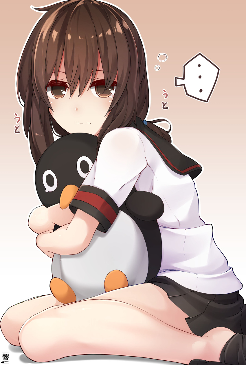 ... absurdres black_skirt brown_eyes brown_hair failure_penguin female fubuki_(kancolle) fubuki_kai_ni_(kancolle) hair_between_eyes hibiki_(zerocodo) highres hugging_object kantai_collection low_ponytail miniskirt pleated_skirt ponytail school_uniform serafuku shirt short_ponytail short_sleeves sidelocks sitting skirt solo speech_bubble wariza white_shirt