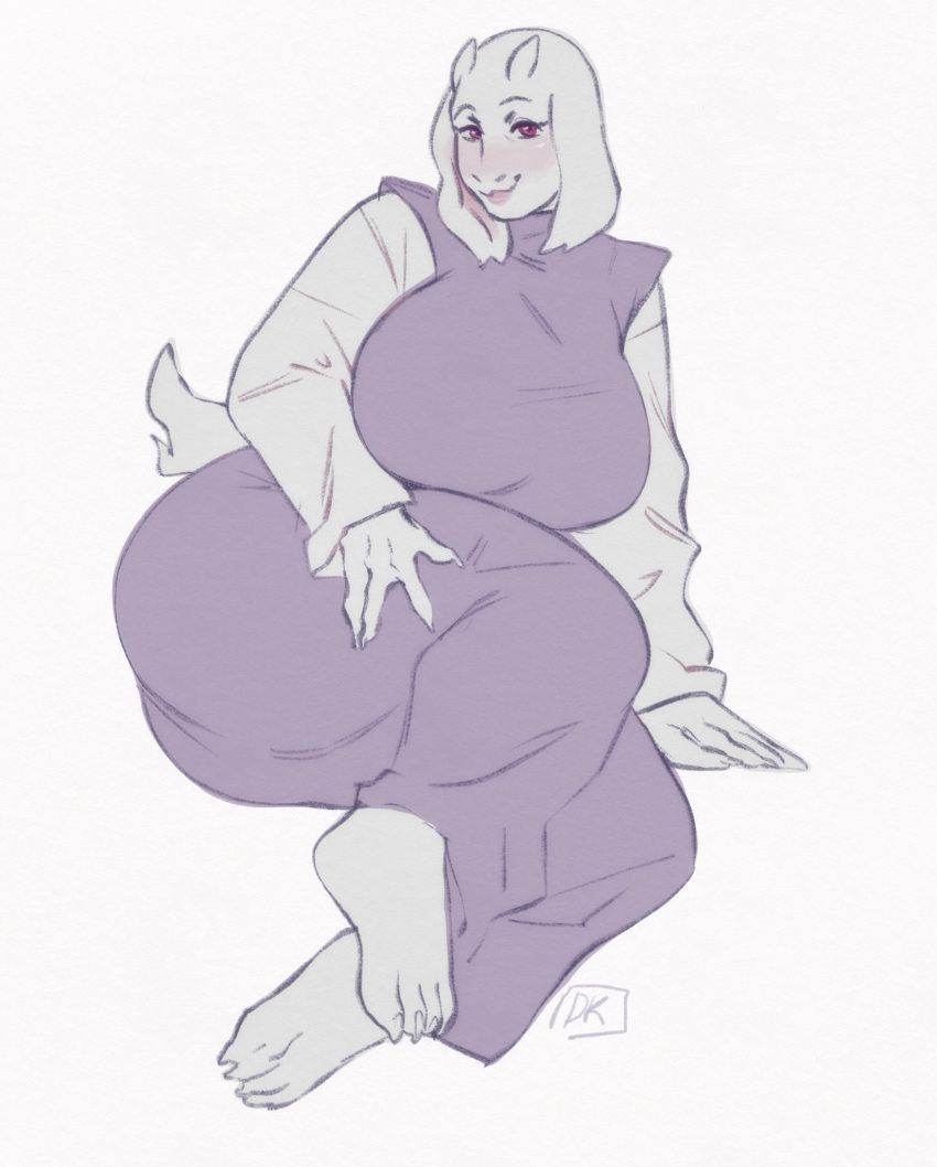 4_toes anthro big_breasts boss_monster_(undertale) bovid breasts caprine clothed clothing darkriallet eyebrows feet female fingers floppy_ears fur hand_on_leg hand_on_thigh hi_res horn huge_breasts long_ears looking_at_viewer mammal mature_anthro mature_female robe simple_background sitting solo toes toriel undertale undertale_(series) white_background white_body white_fur